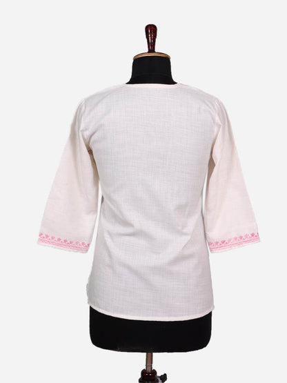 nAARI Pearl White Kashmiri Aari Embroidered Cotton Kurti - Shopping in Kashmir