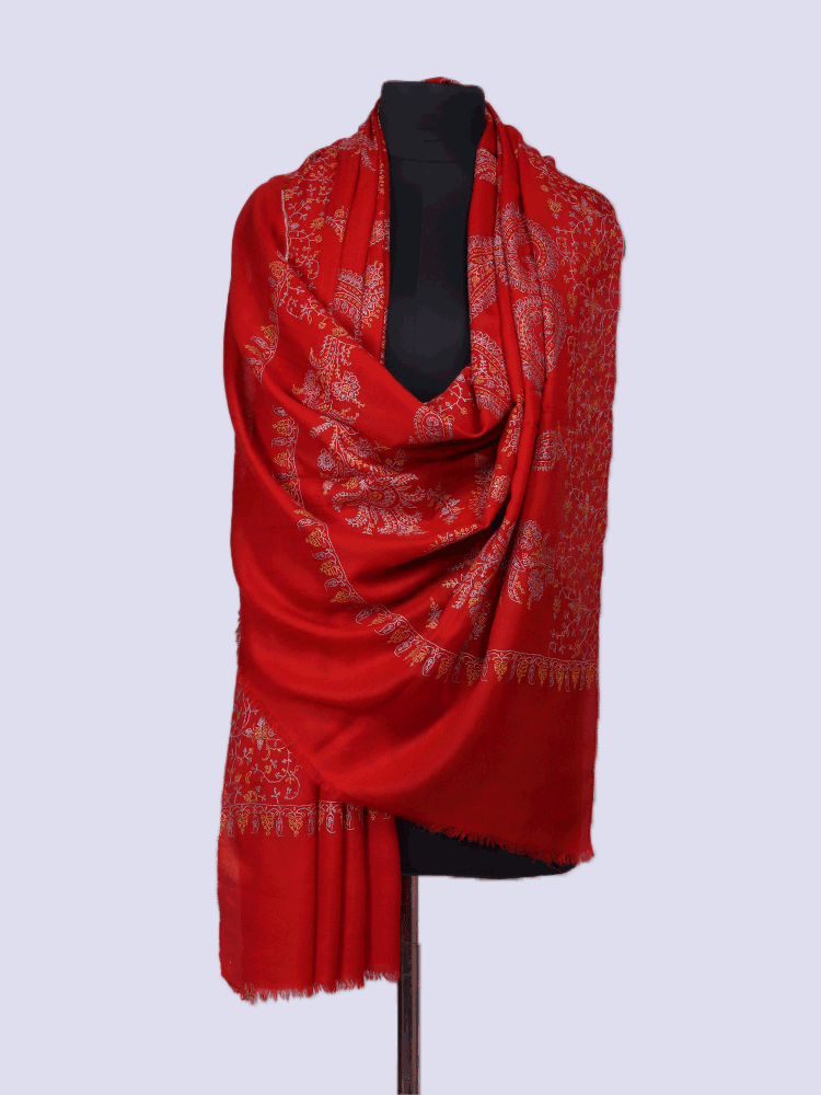 Red Sozni Embroidered Pashmina Shawl - Shopping in Kashmir