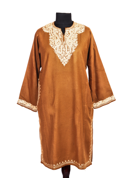 Camel Brown Cashmilon Wool Zari Embroidered Kashmiri Pheran - Pehnava