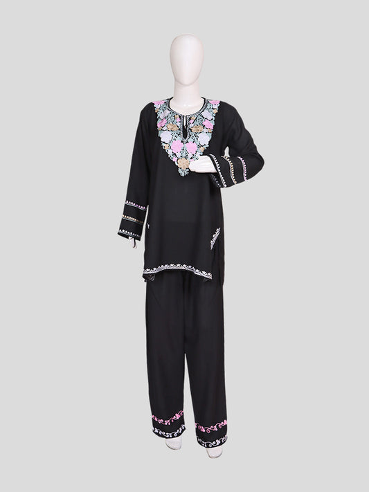 Zariya Kashmiri Aari Embroidered Deep Black Summer Cool Cotton Coord Set
