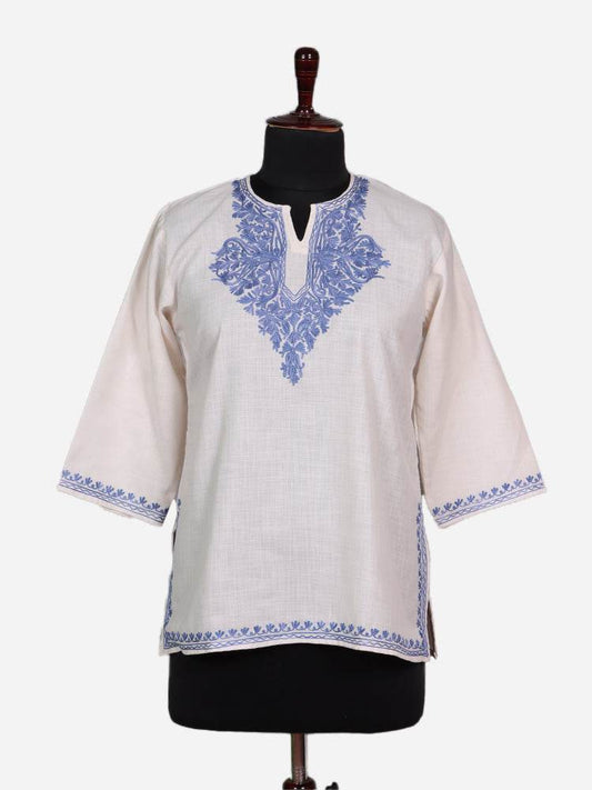 nAARI Cream Kashmiri Aari Embroidered Cotton Kurti - Shopping in Kashmir
