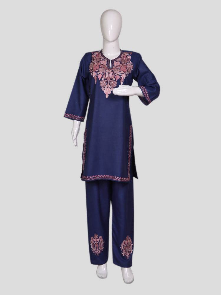nAARI Kashmiri Aari Embroidered Indigo Blue Cotton Coord Set - Shopping in Kashmir