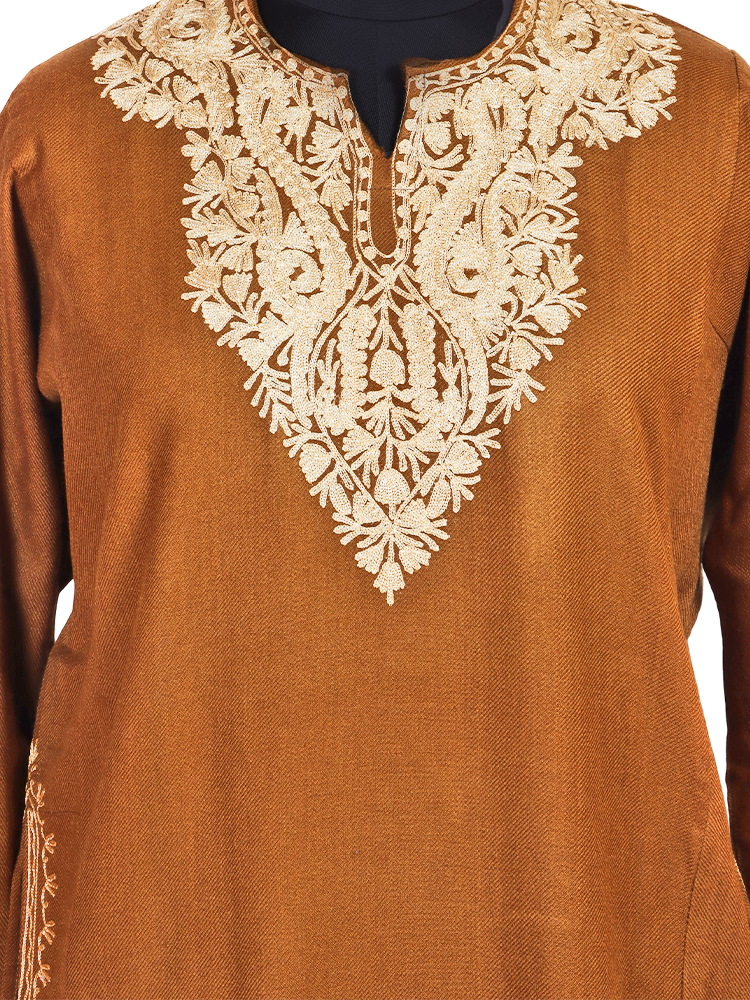 Camel Brown Cashmilon Wool Zari Embroidered Kashmiri Pheran - Pehnava