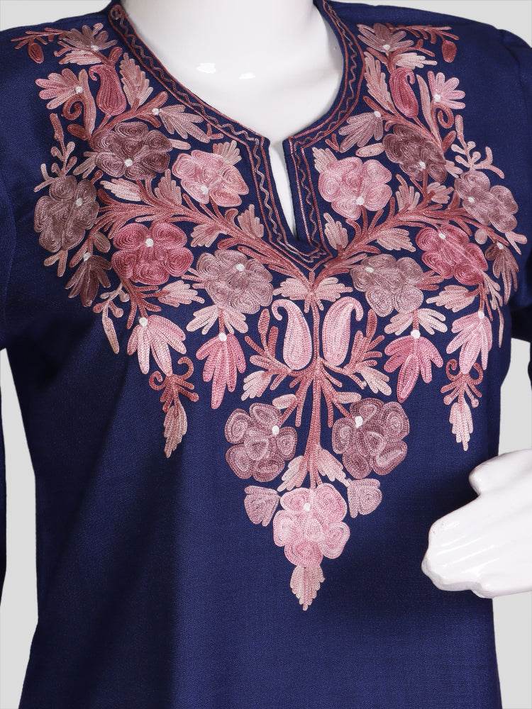 nAARI Kashmiri Aari Embroidered Indigo Blue Cotton Coord Set - Shopping in Kashmir