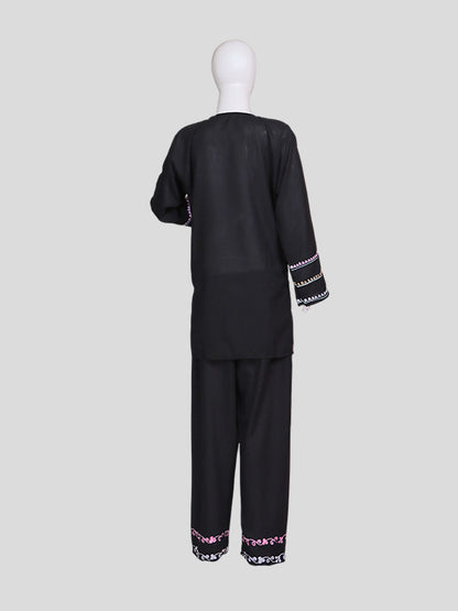 Zariya Kashmiri Aari Embroidered Deep Black Summer Cool Cotton Coord Set
