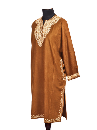 Camel Brown Cashmilon Wool Zari Embroidered Kashmiri Pheran - Pehnava