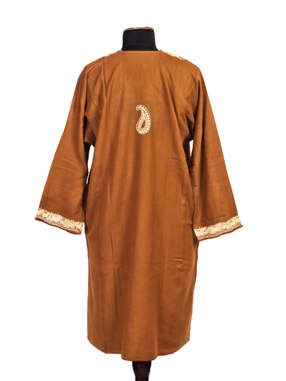 Camel Brown Cashmilon Wool Zari Embroidered Kashmiri Pheran - Pehnava