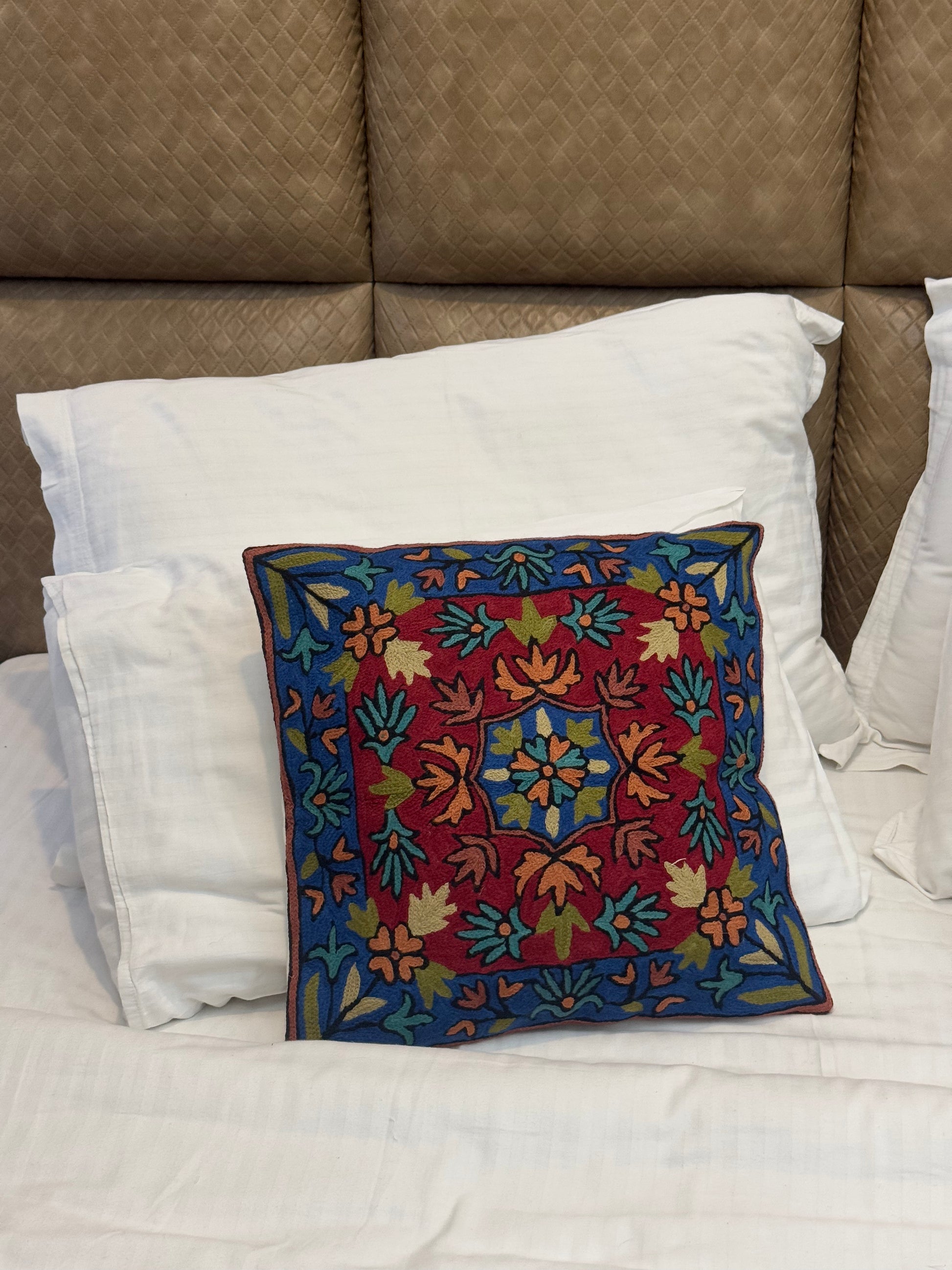 Blue And Red Handmade Chainstitch Cushion Cover (Set of Two) - Shopping in Kashmir
