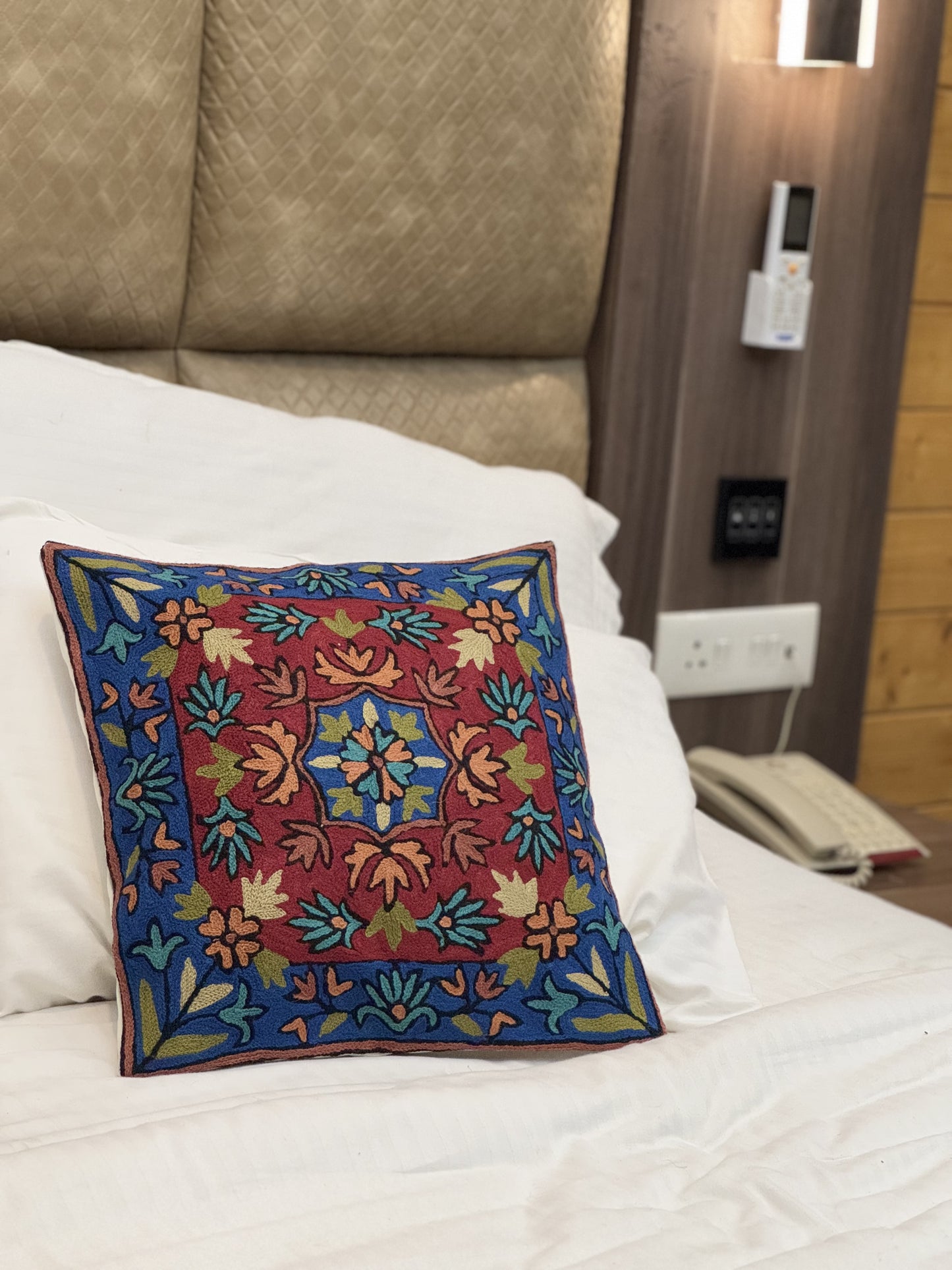 Blue And Red Handmade Chainstitch Cushion Cover (Set of Two) - Shopping in Kashmir