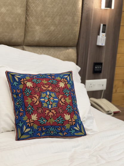 Blue And Red Handmade Chainstitch Cushion Cover (Set of Two) - Shopping in Kashmir