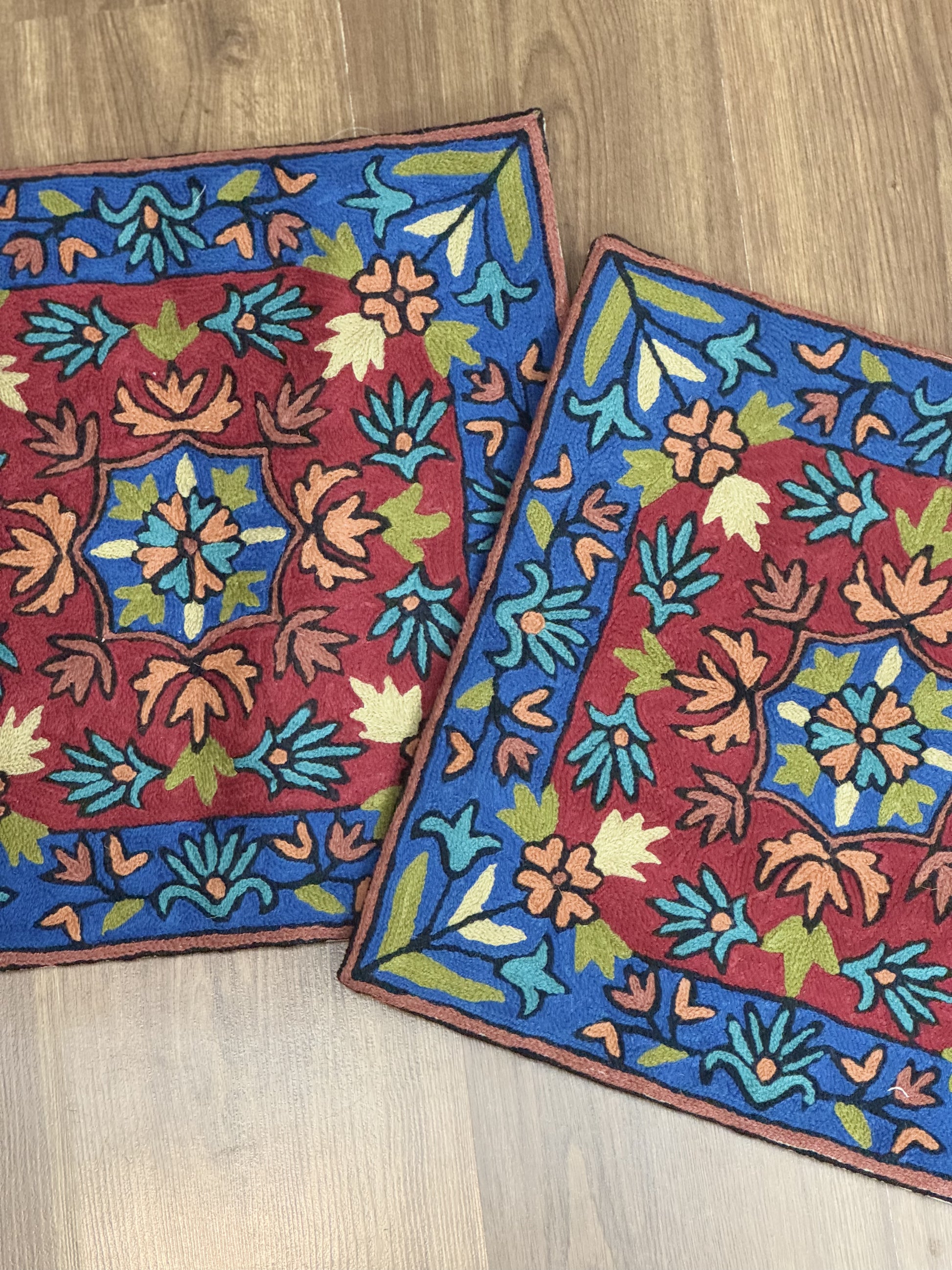 Blue And Red Handmade Chainstitch Cushion Cover (Set of Two) - Shopping in Kashmir