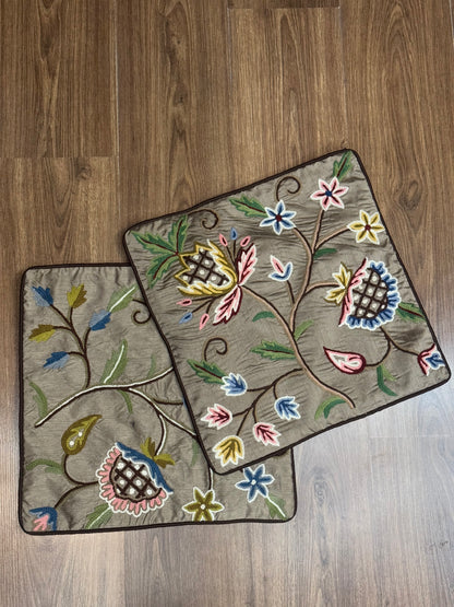 Silk Base Floral Design Handmade Chainstitch Cushion Cover (Set of Two) - Shopping in Kashmir