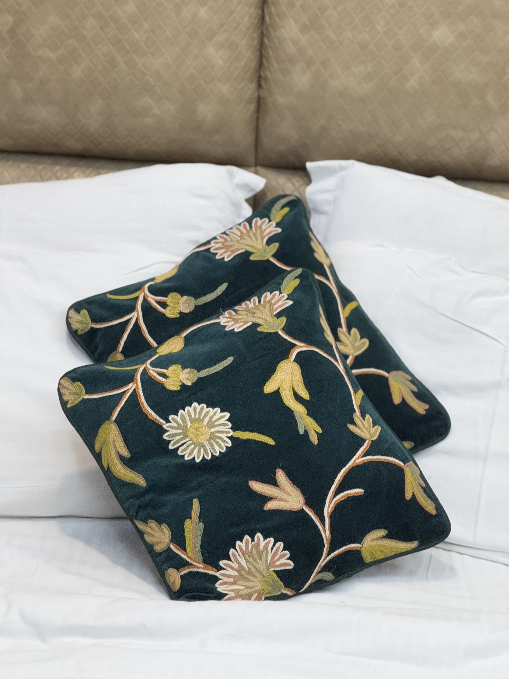 Floral Velvet Handmade Chainstitch Cushion Cover (Set of Two) - Shopping in Kashmir