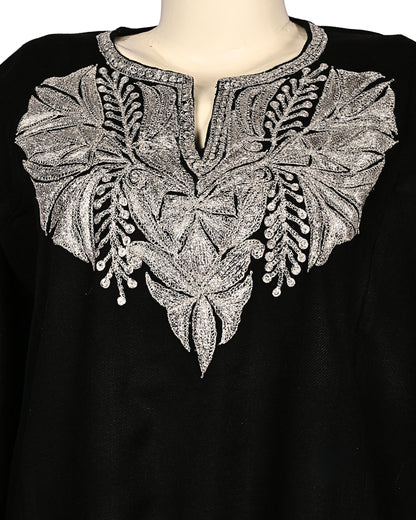 Classic Black Cashmilon Wool Zari Embroidered Kashmiri Pheran - Pehnava