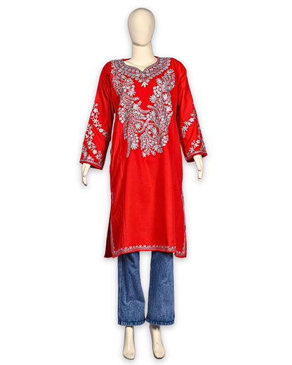 Scarlet Red Cashmilon Wool Zari Embroidered Kashmiri Pheran - Pehnava