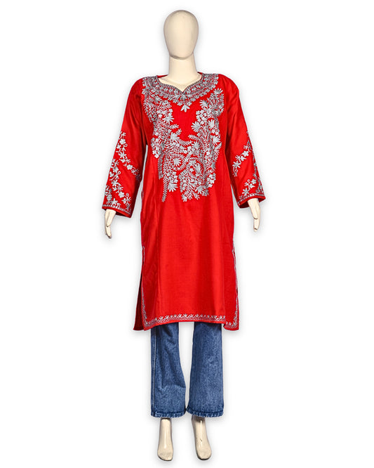 Scarlet Red Cashmilon Wool Zari Embroidered Kashmiri Pheran - Pehnava