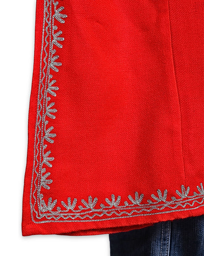 Scarlet Red Cashmilon Wool Zari Embroidered Kashmiri Pheran - Pehnava