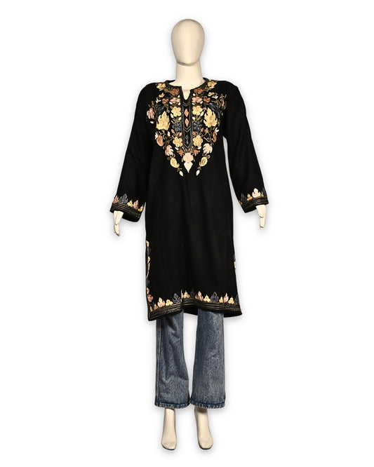 Deep Black Cashmilon Wool Aari Embroidered Kashmiri Pheran - Pehnava