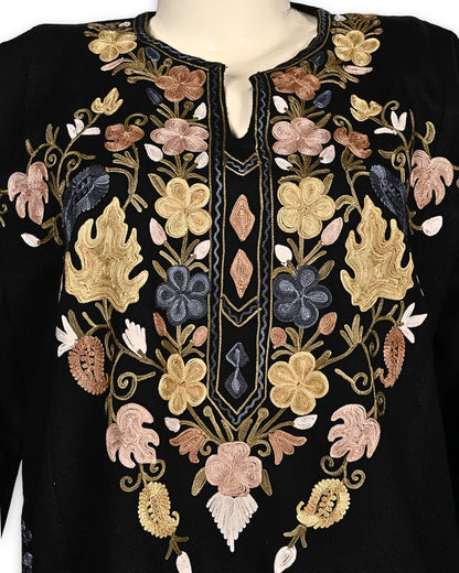 Deep Black Cashmilon Wool Aari Embroidered Kashmiri Pheran - Pehnava