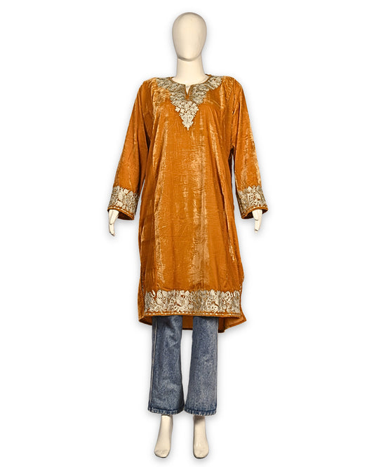 Mustard Yellow Makhmal Zari Embroidered Kashmiri Pheran - Pehnava