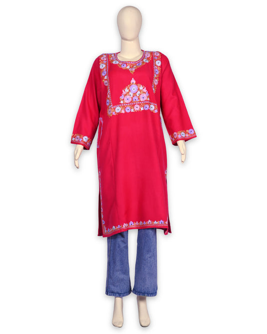 Amaranth Pink Cashmilon Wool Aari Embroidered Kashmiri Pheran - Pehnava