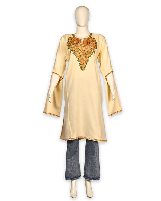 Creme Cashmilon Wool Zari Embroidered Kashmiri Quraab Pheran - Pehnava