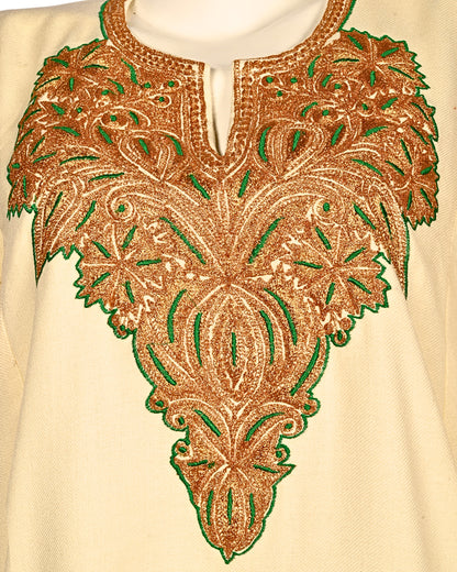 Creme Cashmilon Wool Zari Embroidered Kashmiri Quraab Pheran - Pehnava