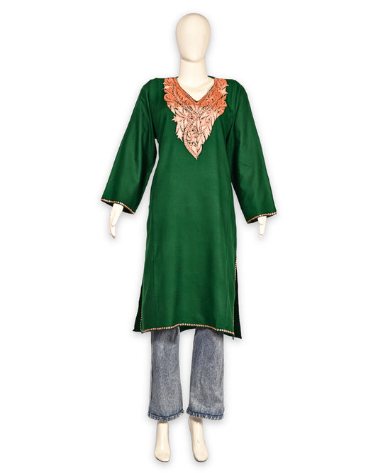 Bottle Green Cashmilon Wool Zari Embroidered Kashmiri Pheran - Pehnava