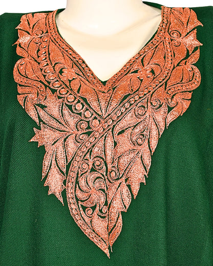 Bottle Green Cashmilon Wool Zari Embroidered Kashmiri Pheran - Pehnava