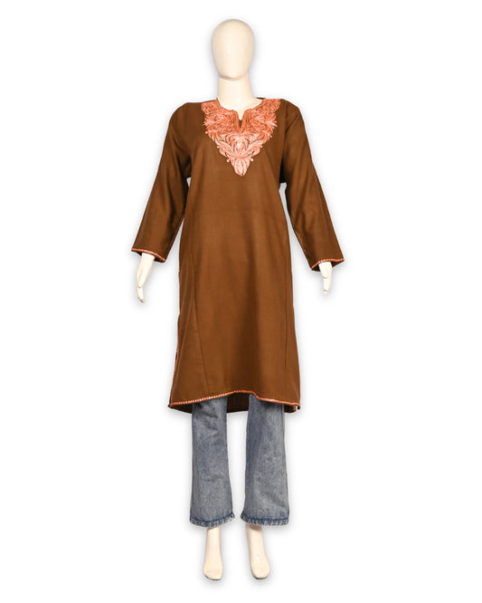 Chocolate Brown Cashmilon Wool Zari Embroidered Kashmiri Pheran - Pehnava