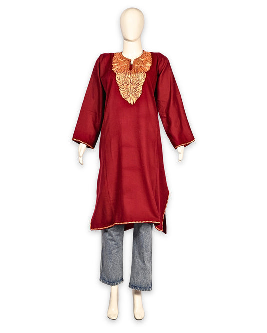 Deep Red Cashmilon Wool Zari Embroidered Kashmiri Pheran - Pehnava