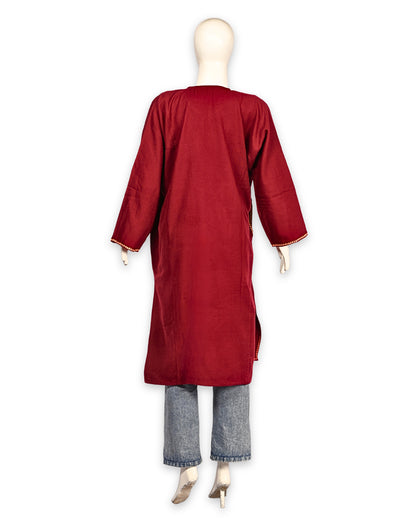 Deep Red Cashmilon Wool Zari Embroidered Kashmiri Pheran - Pehnava