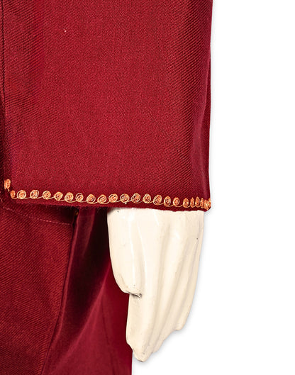 Deep Red Cashmilon Wool Zari Embroidered Kashmiri Pheran - Pehnava