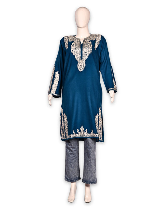 Regal Blue Cashmilon Wool Zari Embroidered Kashmiri Pheran - Pehnava