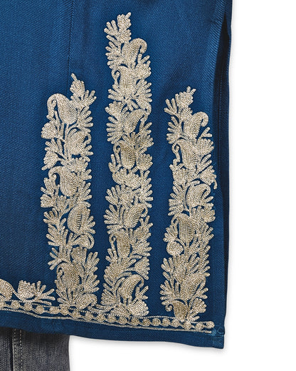 Regal Blue Cashmilon Wool Zari Embroidered Kashmiri Pheran - Pehnava