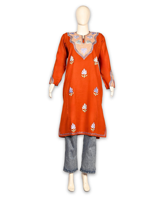 International Orange Cashmilon Wool Aari Embroidered Kashmiri Pheran - Pehnava