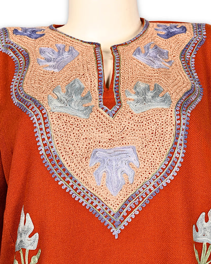 International Orange Cashmilon Wool Aari Embroidered Kashmiri Pheran - Pehnava