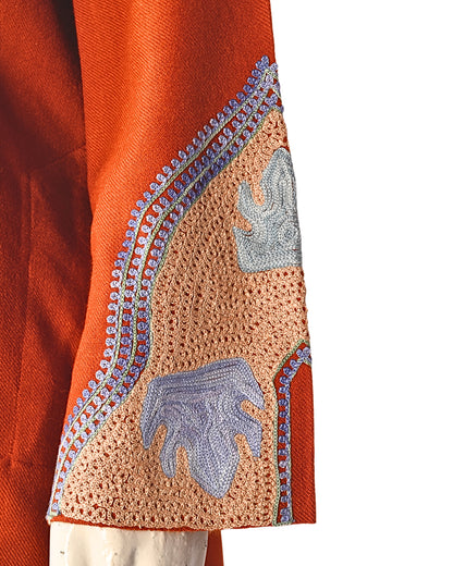 International Orange Cashmilon Wool Aari Embroidered Kashmiri Pheran - Pehnava