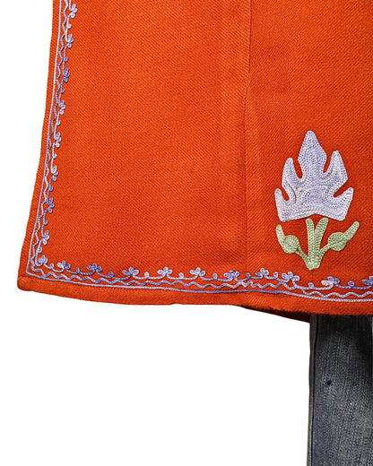 International Orange Cashmilon Wool Aari Embroidered Kashmiri Pheran - Pehnava