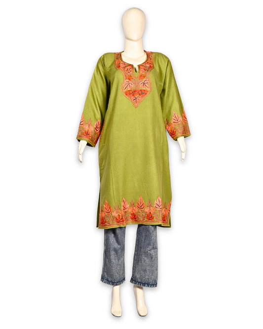 Avocado Green Cashmilon Wool Aari Embroidered Kashmiri Pheran - Pehnava