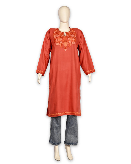 Carmine Peach Cashmilon Wool Aari Embroidered Kashmiri Pheran - Pehnava