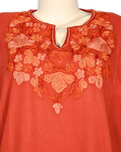Carmine Peach Cashmilon Wool Aari Embroidered Kashmiri Pheran - Pehnava