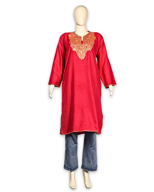 Strawberry Pink Cashmilon Wool Zari Embroidered Kashmiri Pheran - Pehnava