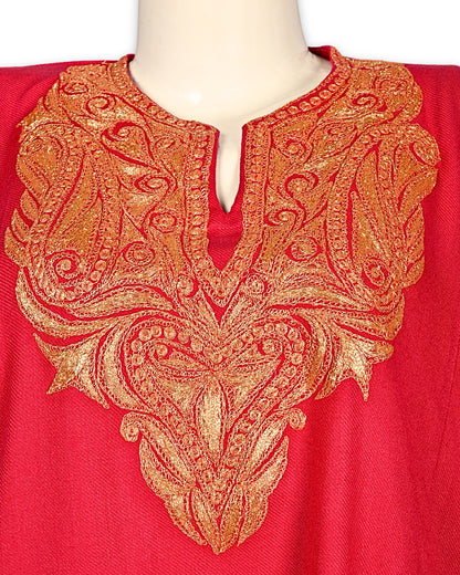 Strawberry Pink Cashmilon Wool Zari Embroidered Kashmiri Pheran - Pehnava