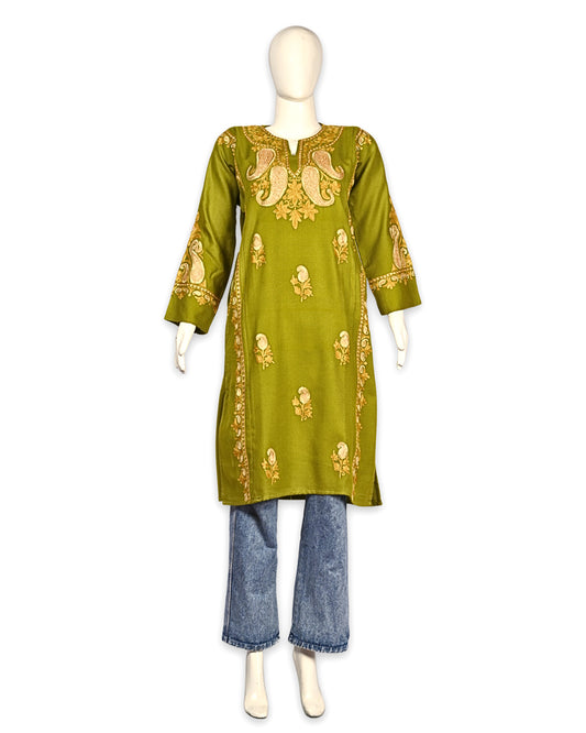 Citron Green Cashmilon Wool Zari & Aari Embroidered Kashmiri Pheran - Pehnava