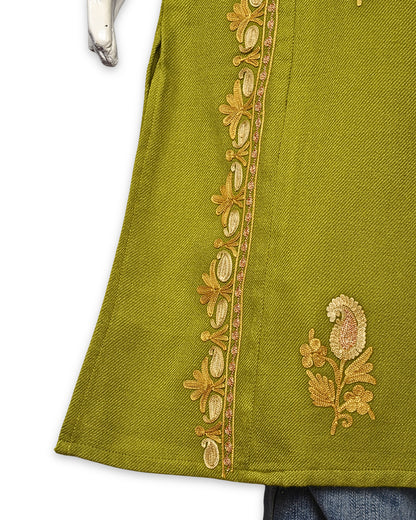 Citron Green Cashmilon Wool Zari & Aari Embroidered Kashmiri Pheran - Pehnava