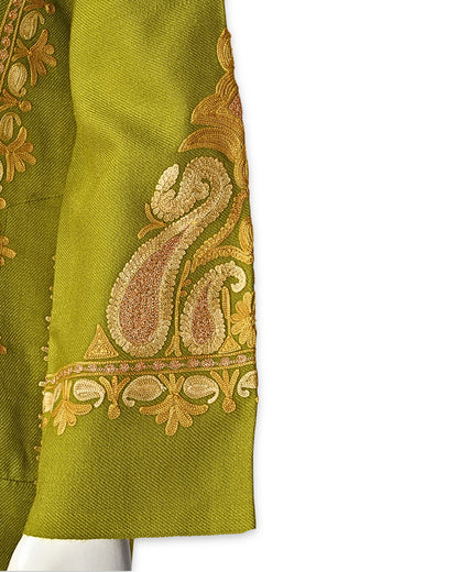 Citron Green Cashmilon Wool Zari & Aari Embroidered Kashmiri Pheran - Pehnava