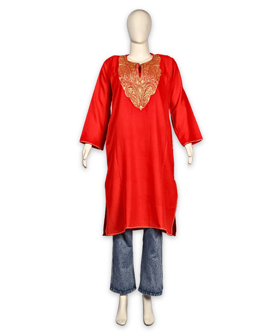 Tomato Red Cashmilon Wool Zari Embroidered Kashmiri Pheran - Pehnava