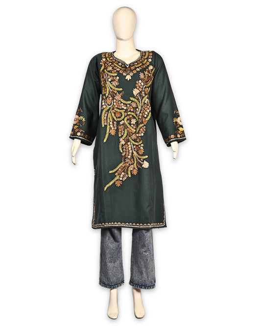 Forest Green Cashmilon Wool Aari Embroidered Kashmiri Pheran - Pehnava
