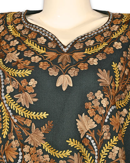 Forest Green Cashmilon Wool Aari Embroidered Kashmiri Pheran - Pehnava